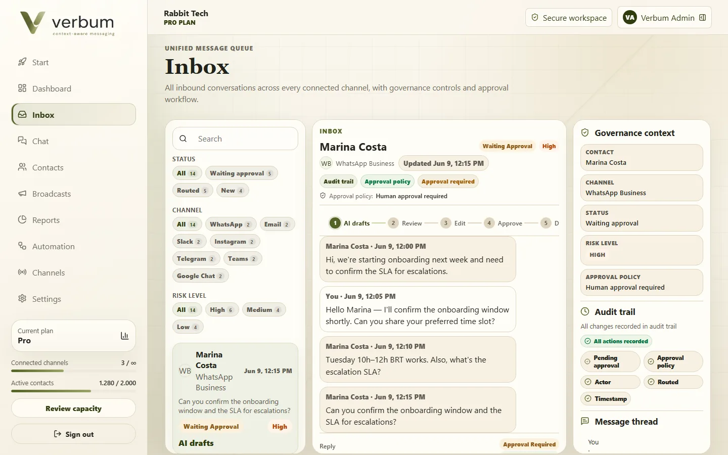 Verbum console inbox showing conversation context and channel activity.